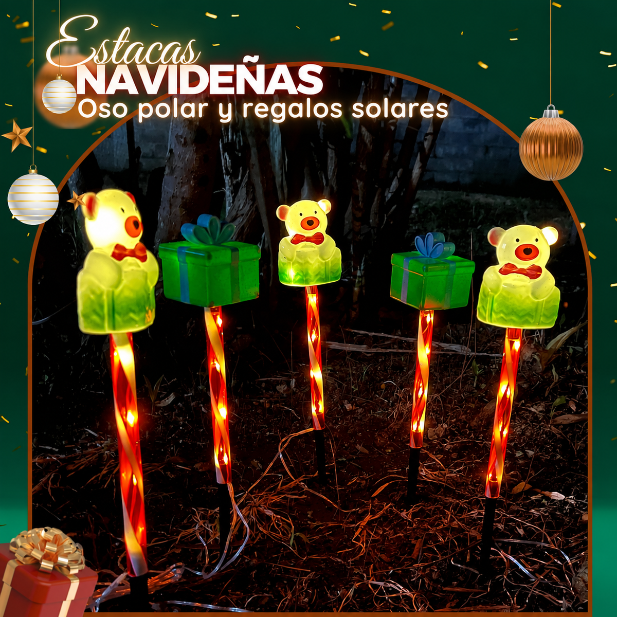 ESTACA SOLARES DE OSO Y REGALOS NAVIDEÑOS