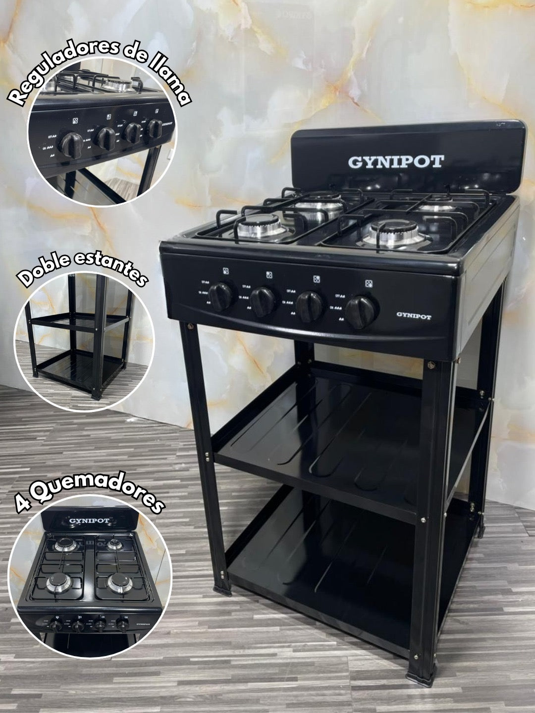 COCINA DE GAS CON ESTANTES 4 QUEMADORES