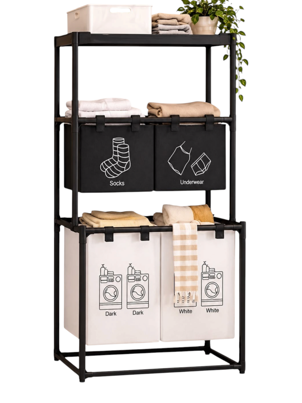 Cesta para ropa sucia EASY STORE con estructura de acero, bolsas de tela Oxford extraíbles y bandeja superior.