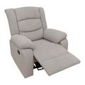 Sillón reclinable EASY STORE de color gris con acolchado grueso, reposapiés extendido y palanca lateral manual.