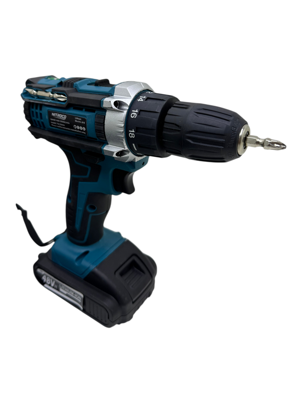Taladro inalámbrico NITROCO de EASY STORE en color azul y negro con batería de 48V y punta de atornillado instalada