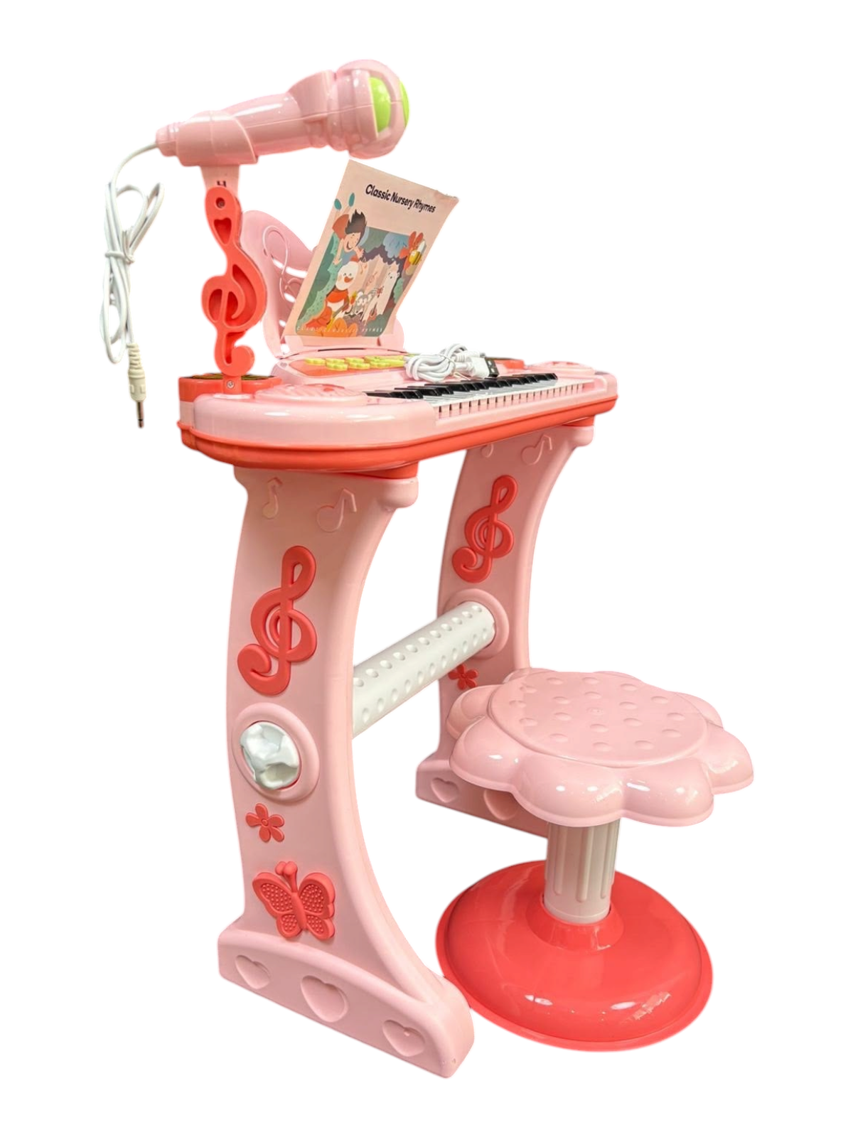 Piano electrónico infantil rosa de EASY STORE con 37 teclas, micrófono, atril y banquito a juego para niños