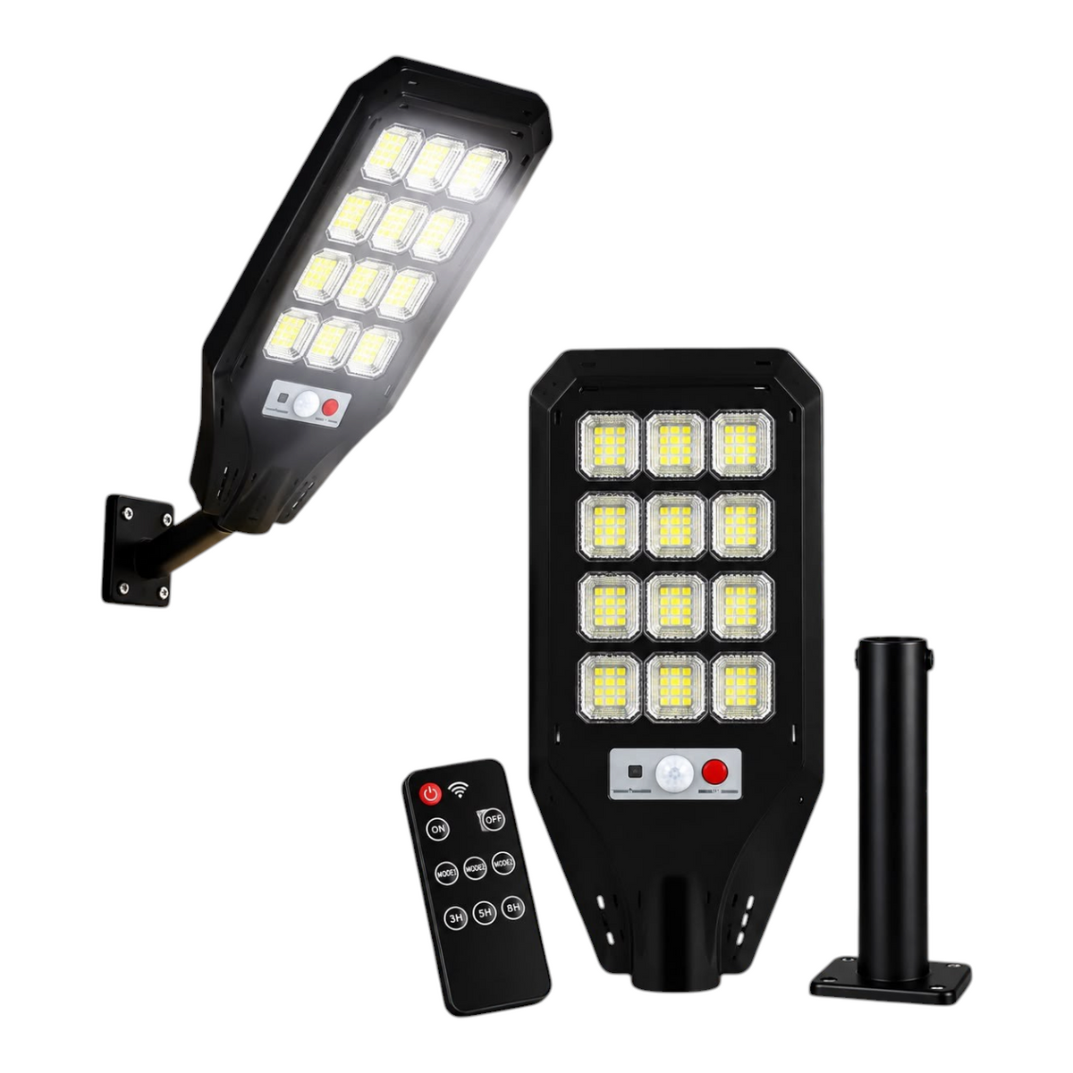 Lámpara solar EASY STORE de 200W con 12 módulos LED, sensor de movimiento, control remoto y cuerpo de ABS resistente.