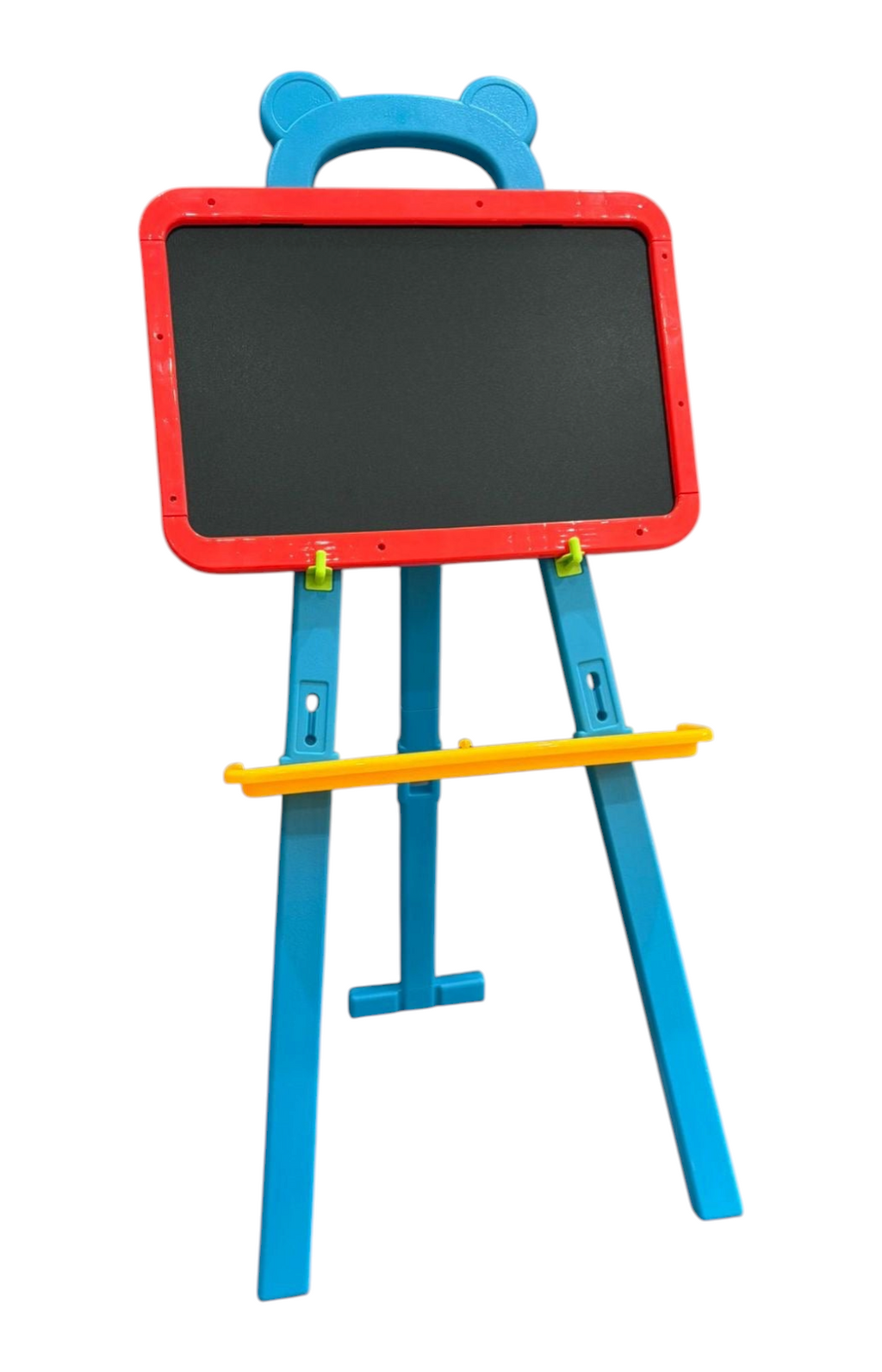 Pizarra infantil 3 en 1 EASY STORE con trípode plegable, marco rojo y estructura azul, ideal para aprendizaje.