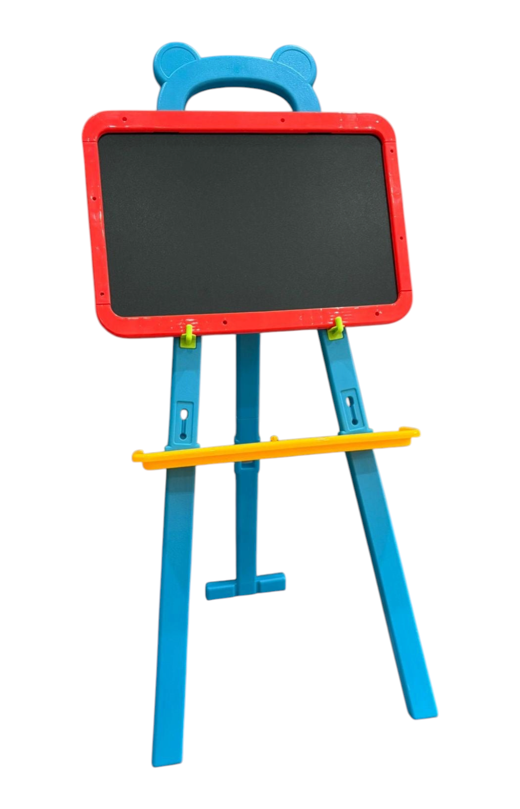 Pizarra infantil 3 en 1 EASY STORE con trípode plegable, marco rojo y estructura azul, ideal para aprendizaje.