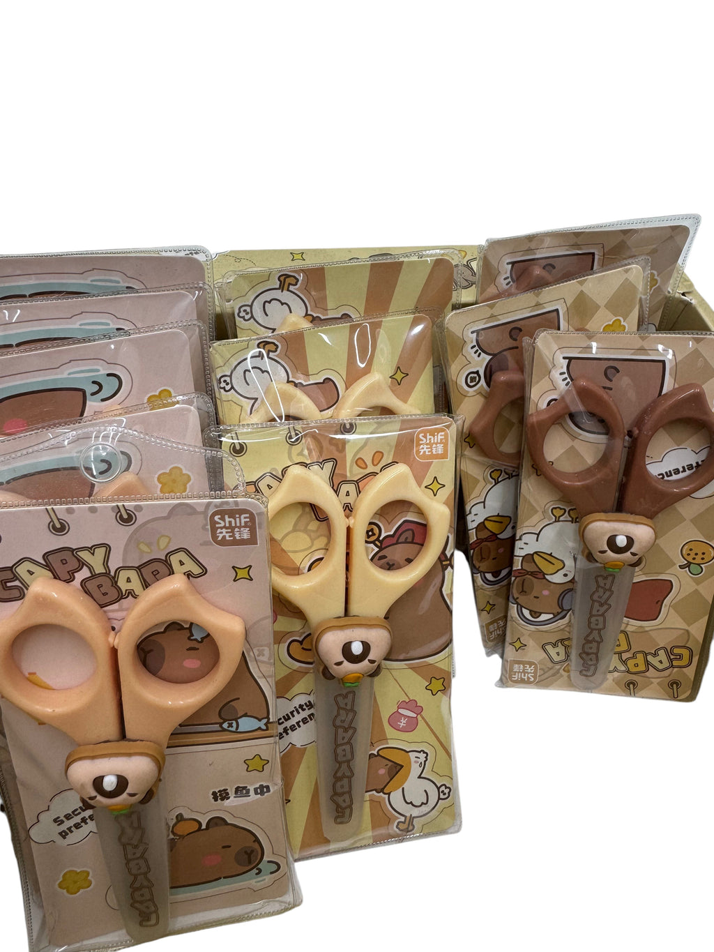 Tijeras escolares EASY STORE con diseño de capibara en tonos beige y marrón, ideales para manualidades infantiles.
