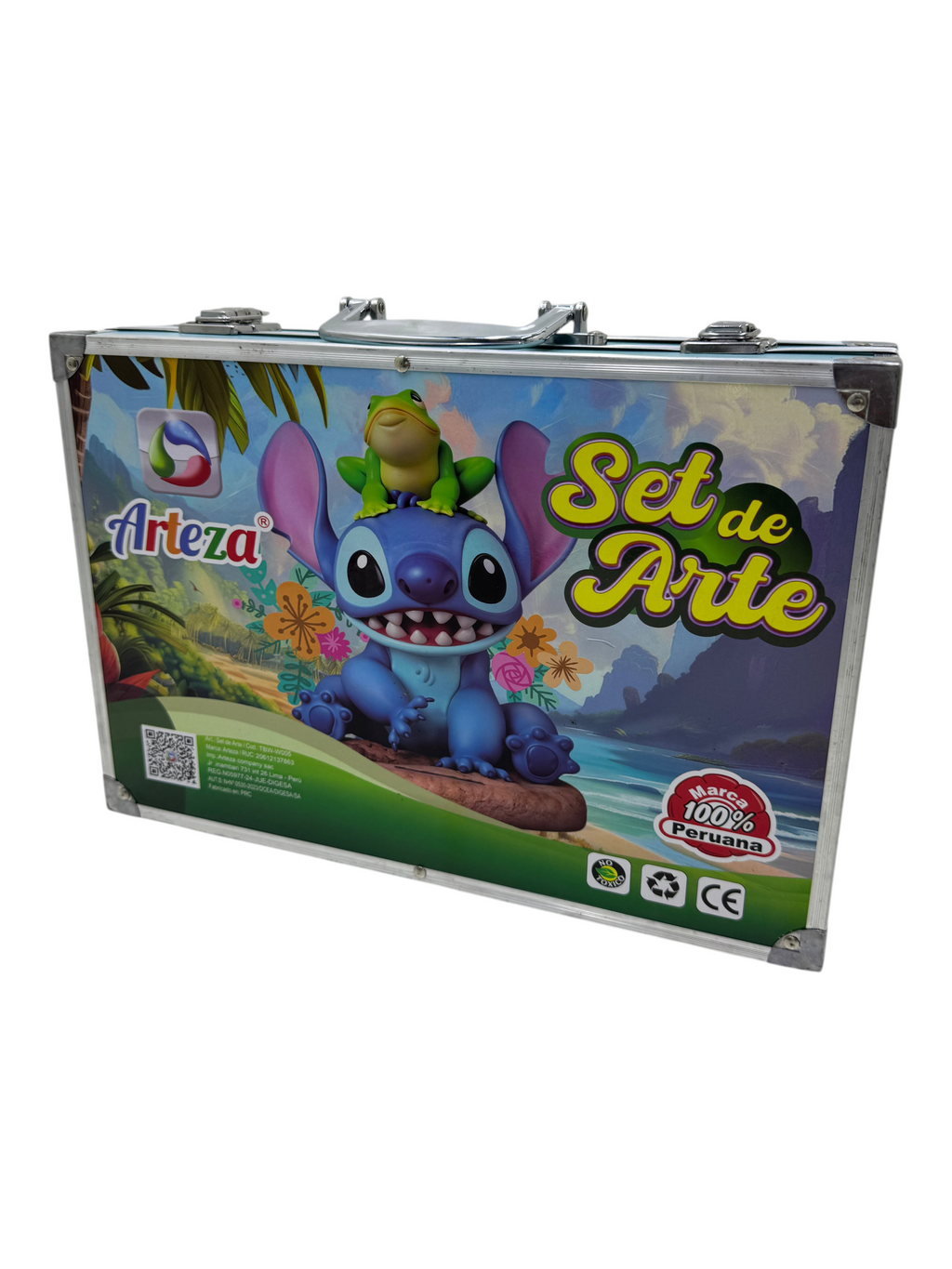 Maletín metálico EASY STORE con diseño de Stitch y rana, set de arte infantil completo para pintar y dibujar.