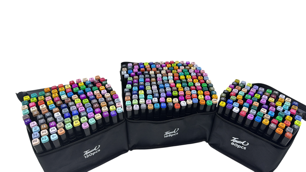 Set de marcadores EASY STORE de doble punta con estuches negros, disponibles en presentaciones de 80, 120 y 168 piezas.