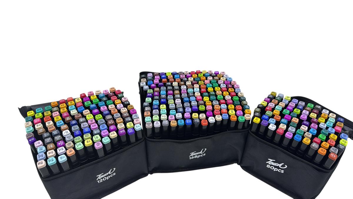 Set de marcadores EASY STORE de doble punta con estuches negros, disponibles en presentaciones de 80, 120 y 168 piezas.