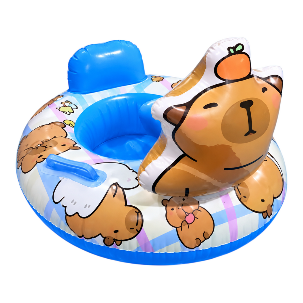 Flotador inflable EASY STORE para niños con diseño de capibara, asiento central y agarraderas laterales en azul