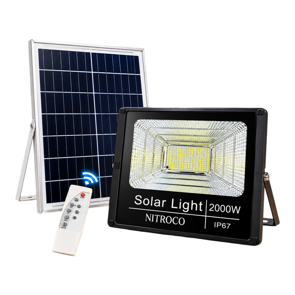 Reflector solar LED 2000W NITROCO de EASY STORE con panel solar, control remoto y carcasa de aluminio resistente.