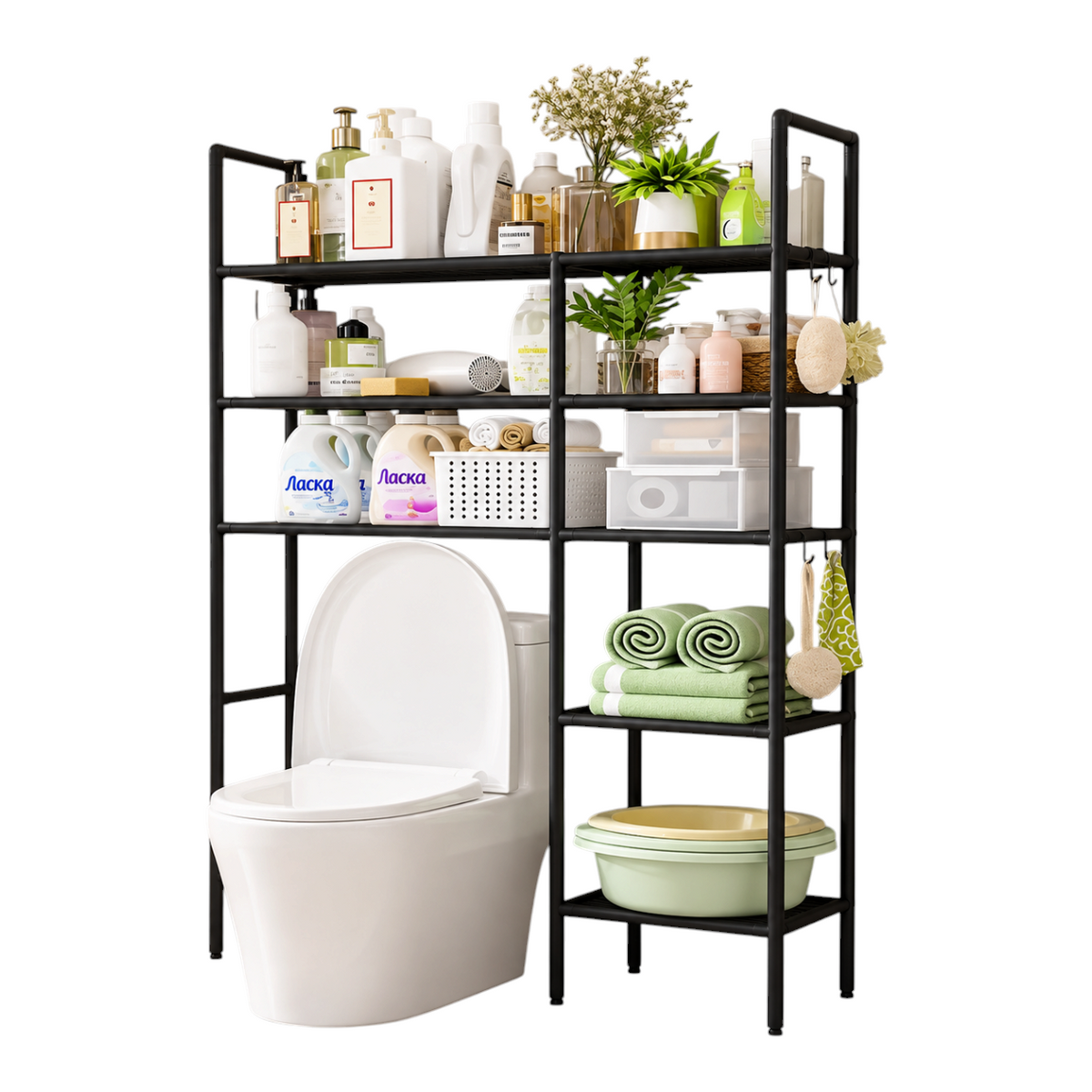 Organizador multifuncional EASY STORE de metal y PVC negro con tres niveles para baño sobre el inodoro