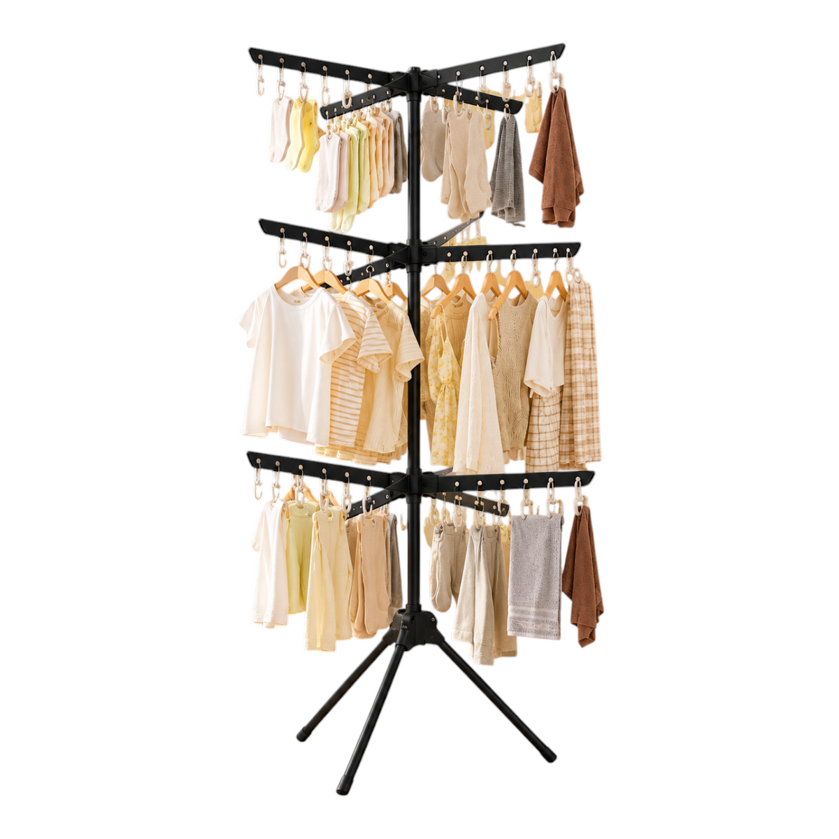 Tendedero plegable tipo árbol EASY STORE de color negro con tres niveles y base trípode para organizar ropa