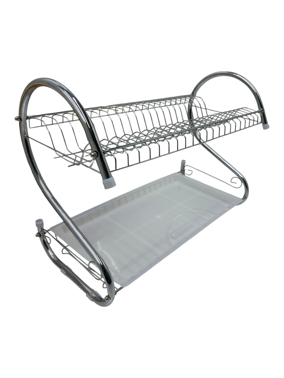 Escurridor de platos EASY STORE de dos niveles en acero inoxidable con diseño tipo cisne y bandeja de drenaje blanca