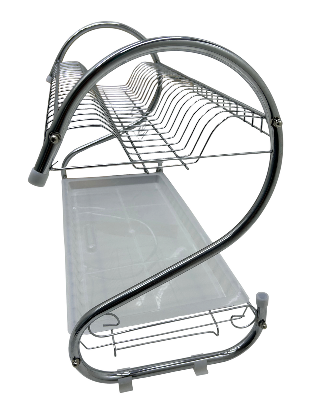 Escurridor de platos EASY STORE de dos niveles en acero inoxidable con diseño tipo cisne y bandeja recolectora blanca
