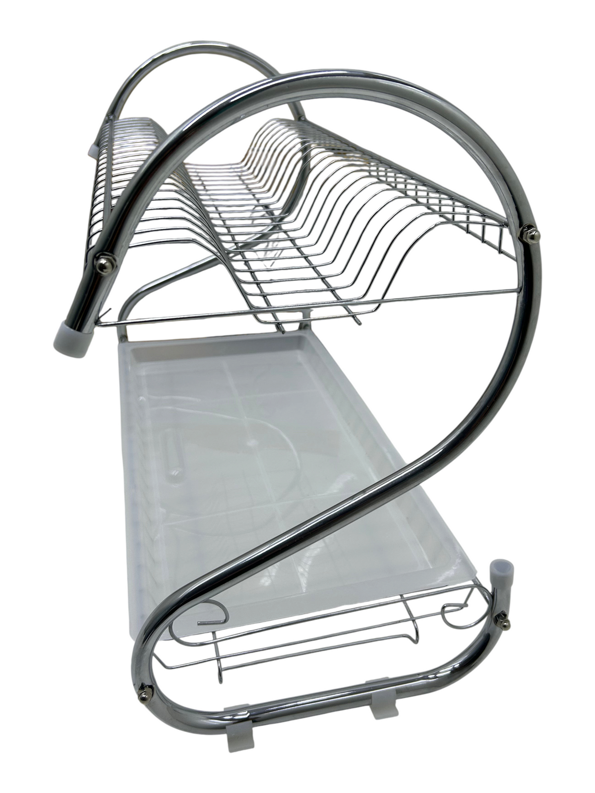 Escurridor de platos EASY STORE de dos niveles en acero inoxidable con diseño tipo cisne y bandeja recolectora blanca