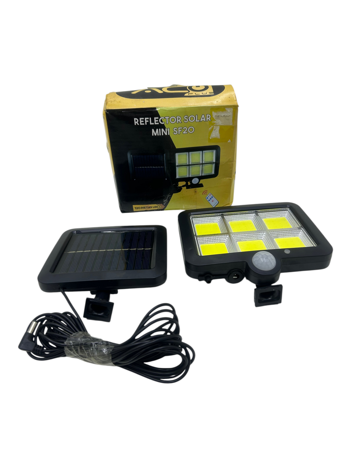 Reflector solar EASY STORE SF20 con panel independiente, 120 LED, sensor de movimiento y control remoto para exteriores.