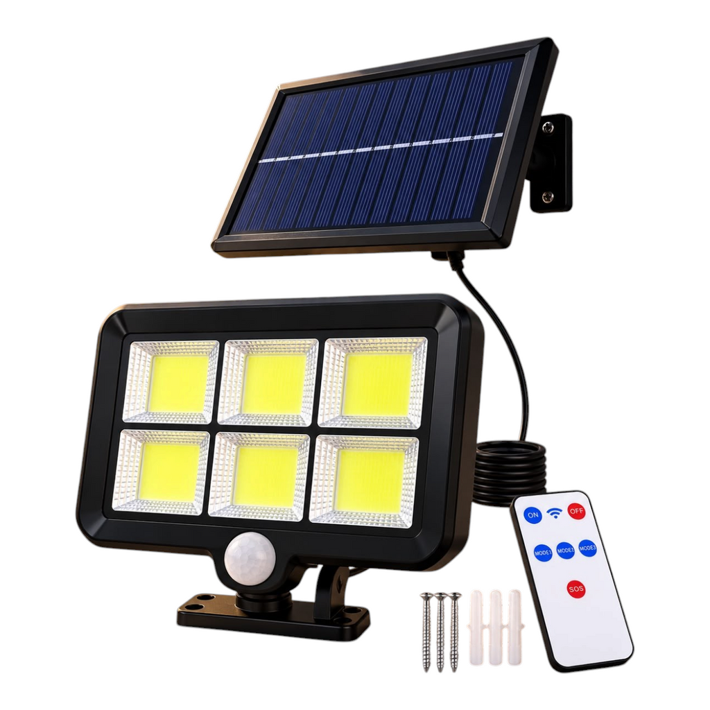 Reflector solar EASY STORE SF20 con 120 LED, sensor de movimiento, panel independiente y control remoto para exteriores.