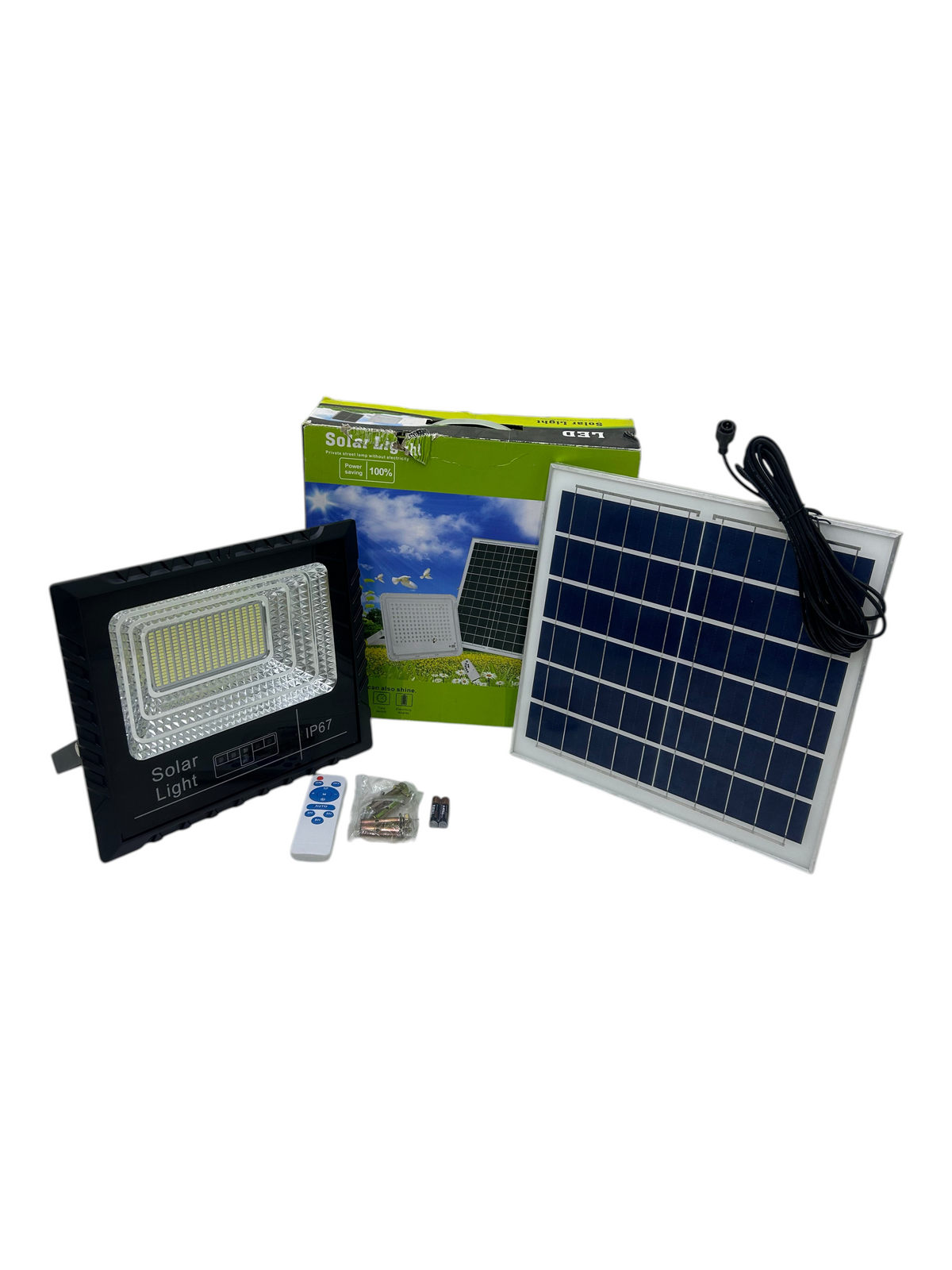 Reflector solar EASY STORE de 200W con panel independiente, control remoto y luz LED para exteriores
