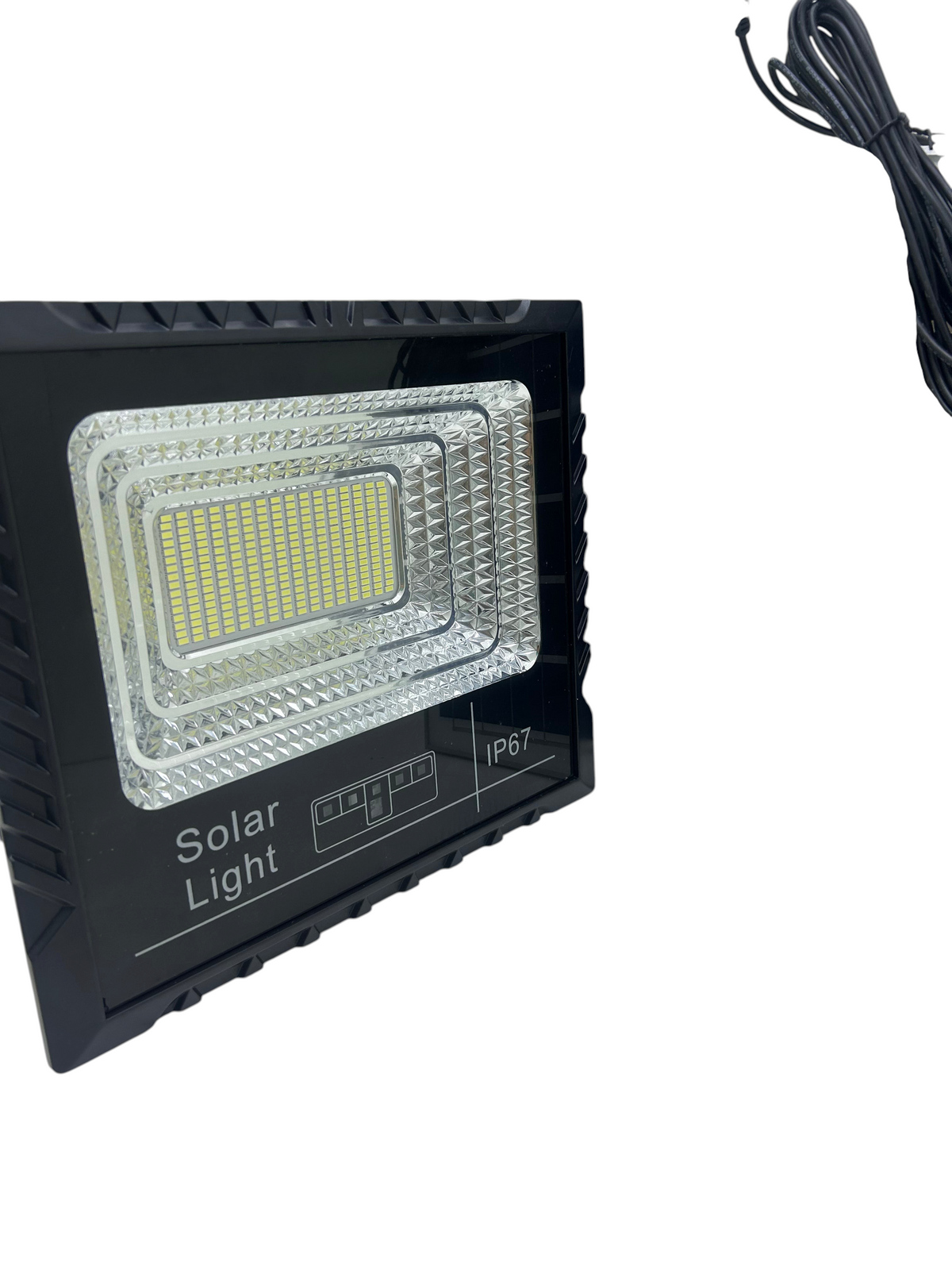 Reflector solar EASY STORE de 200W con tecnología LED, carcasa negra resistente al agua IP67 y cable de conexión