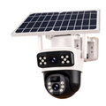 Cámara de seguridad solar EASY STORE con doble lente, panel solar superior y luces LED para vigilancia exterior.