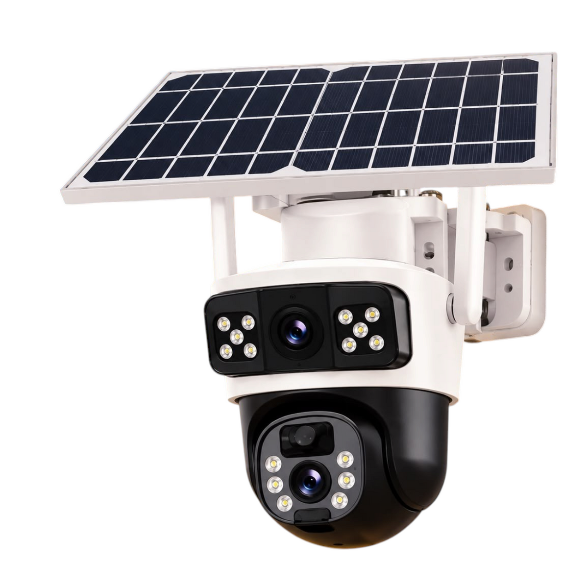 Cámara de seguridad solar EASY STORE con doble lente, panel solar superior y luces LED para vigilancia exterior.