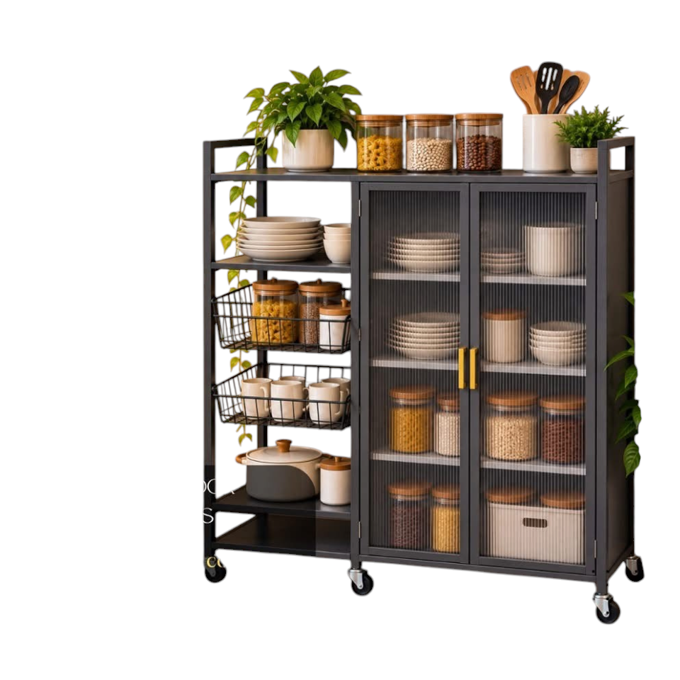 Mueble organizador metálico EASY STORE negro con estantes, canastas y puertas de vidrio estriado para cocina