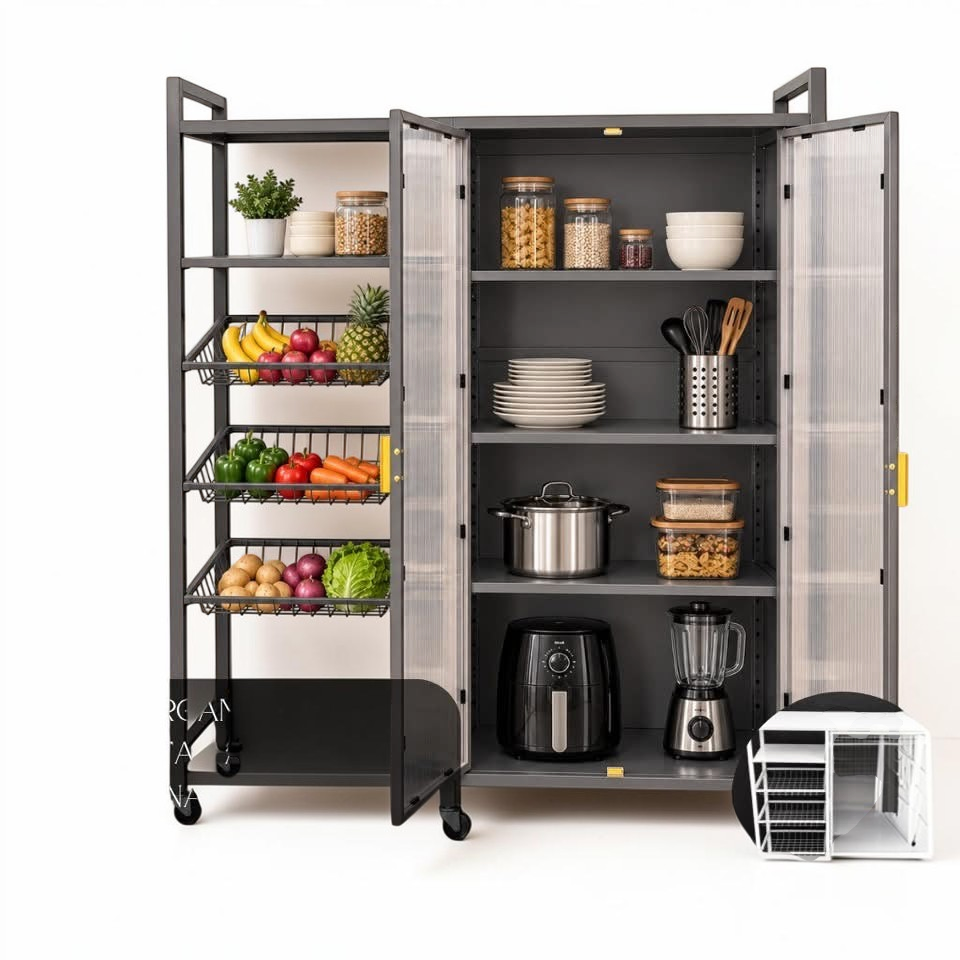 Mueble organizador metálico EASY STORE con puertas acrílicas, tres canastas extraíbles y estantes para cocina.