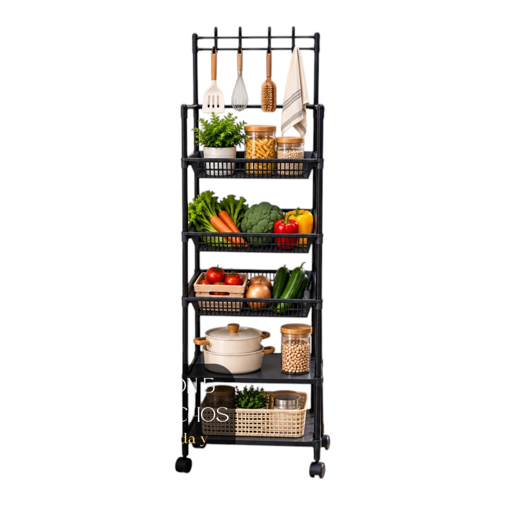 Organizador vertical negro Easy Store con 3 canastas, 2 bandejas, ganchos y ruedas para cocina