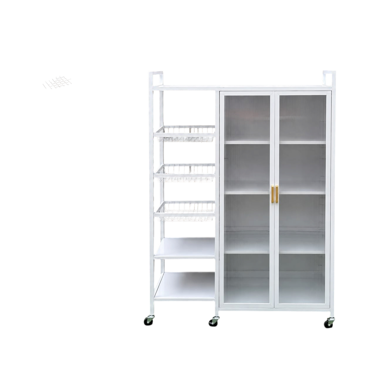 Organizador metálico EASY STORE blanco con puertas acrílicas, tres canastas laterales y estantes para cocina