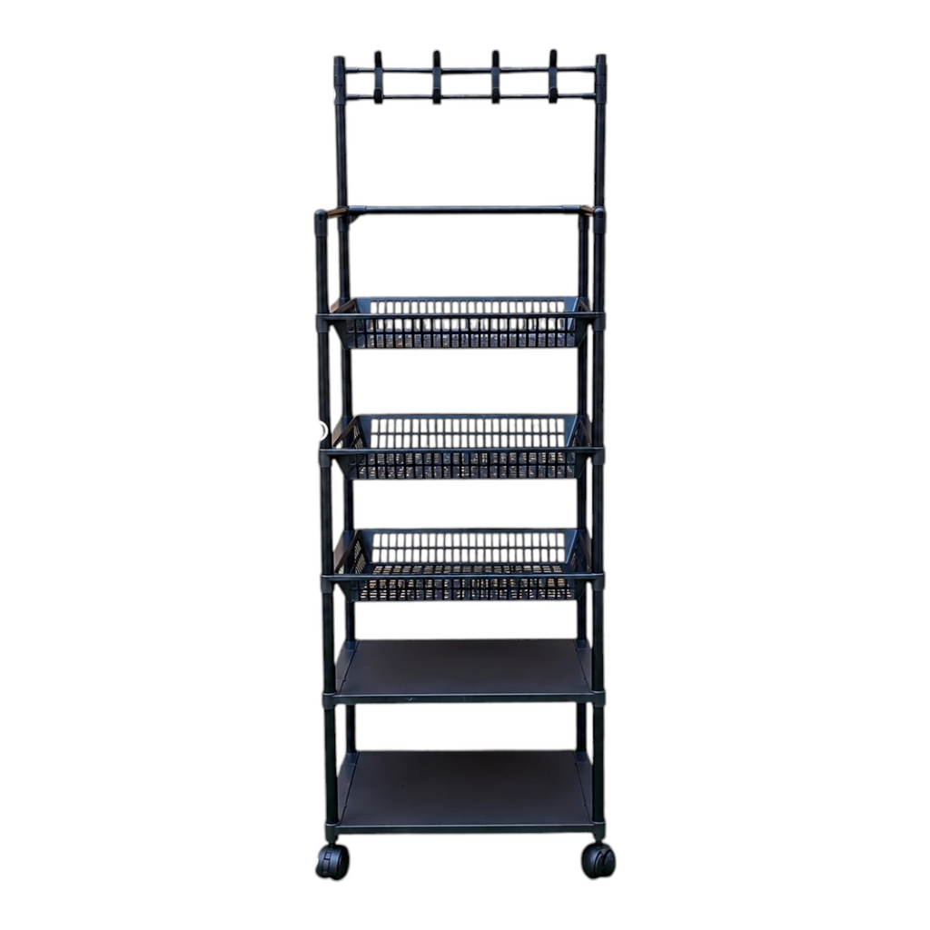 Organizador vertical negro EASY STORE con 3 canastas, 2 bandejas, barra con ganchos y ruedas para almacenamiento