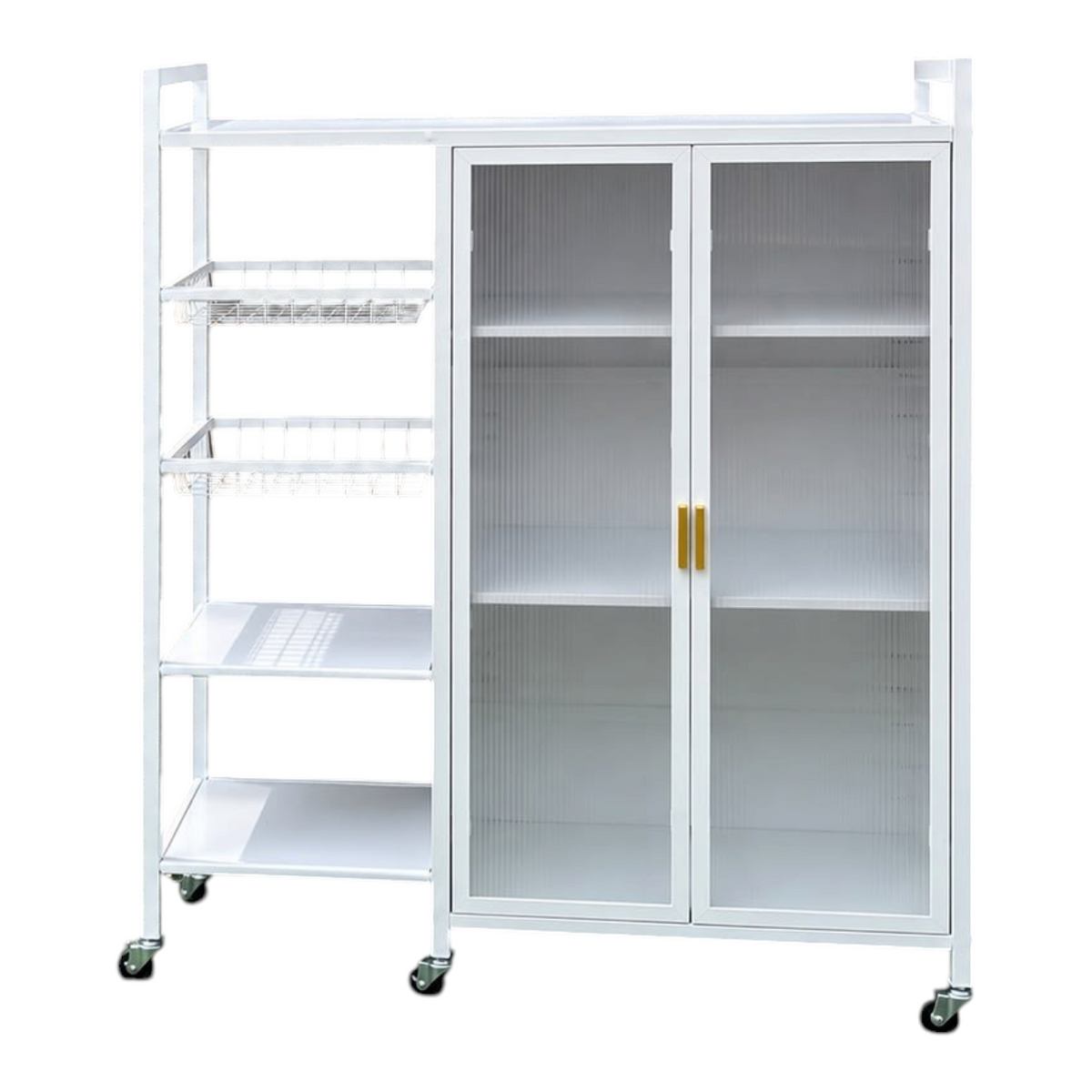 Mueble organizador metálico EASY STORE blanco con estantes, dos canastas y gabinete con puertas de vidrio estriado.