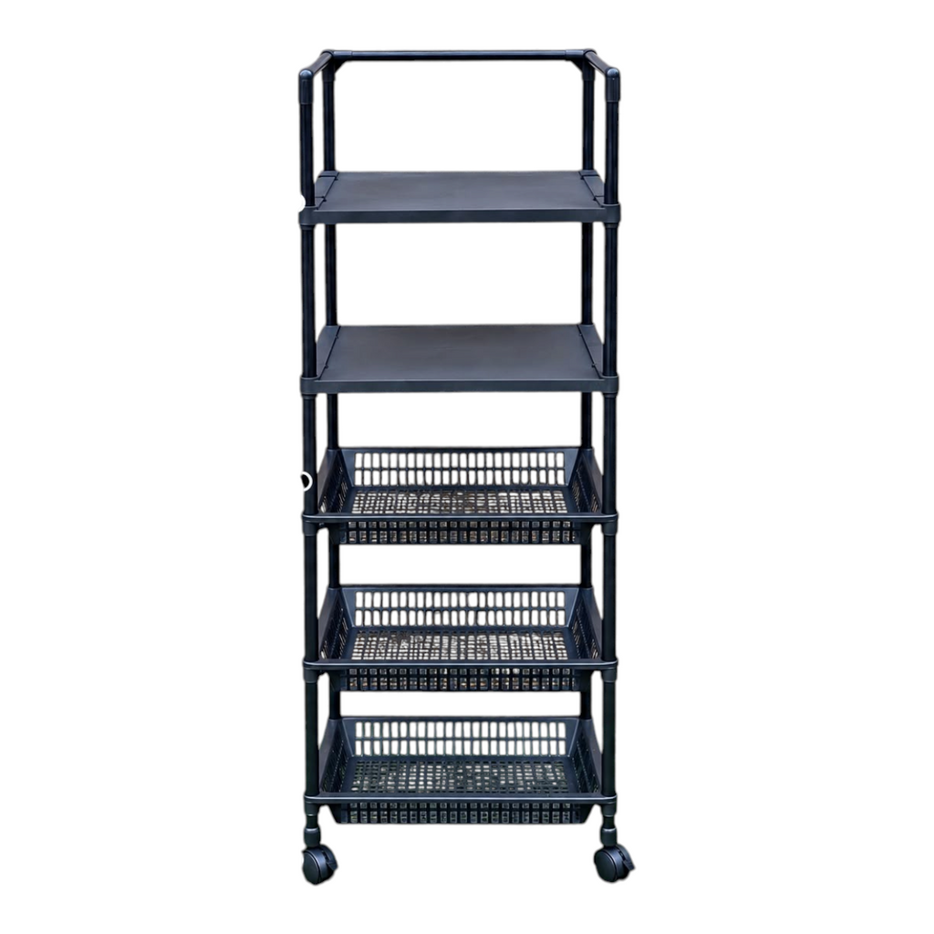 Organizador EASY STORE negro de metal y PVC con dos bandejas, dos canastas y ruedas para cocina