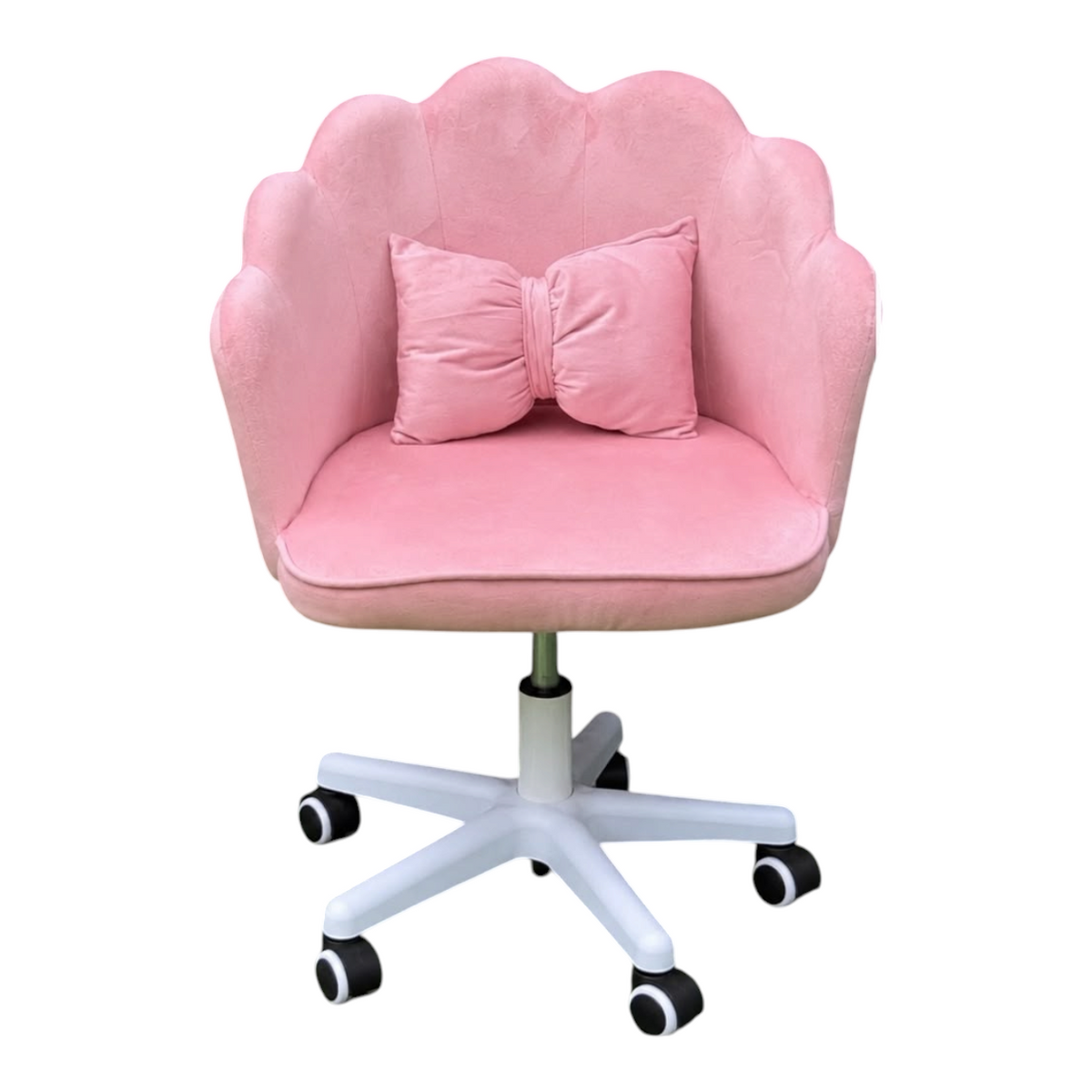 Silla giratoria EASY STORE estilo flor en color rosa con cojín decorativo, base blanca y ruedas para oficina