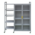 Mueble organizador metálico EASY STORE gris con estantes, dos canastas, puertas de vidrio y ruedas para cocina