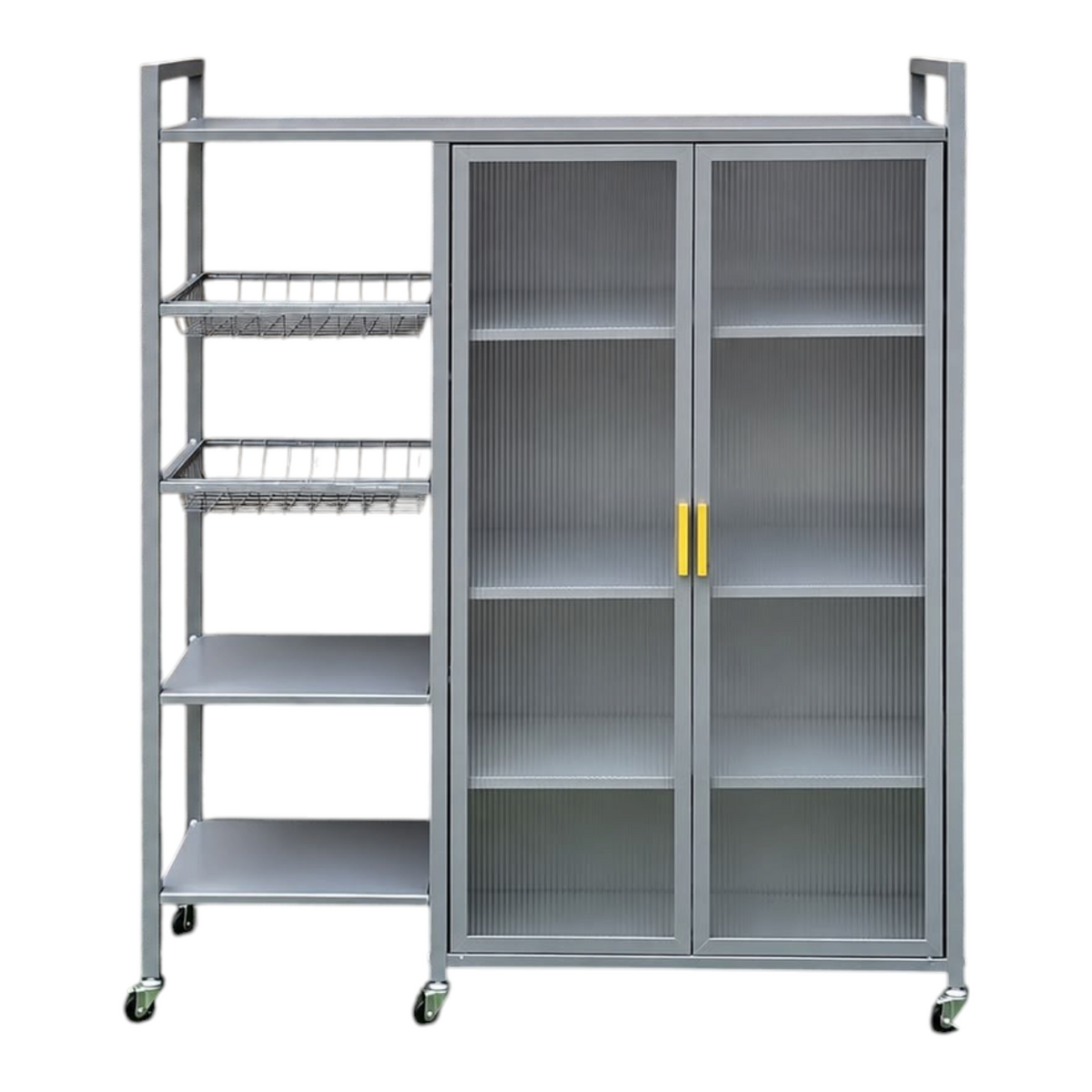 Mueble organizador metálico EASY STORE gris con estantes, dos canastas, puertas de vidrio y ruedas para cocina