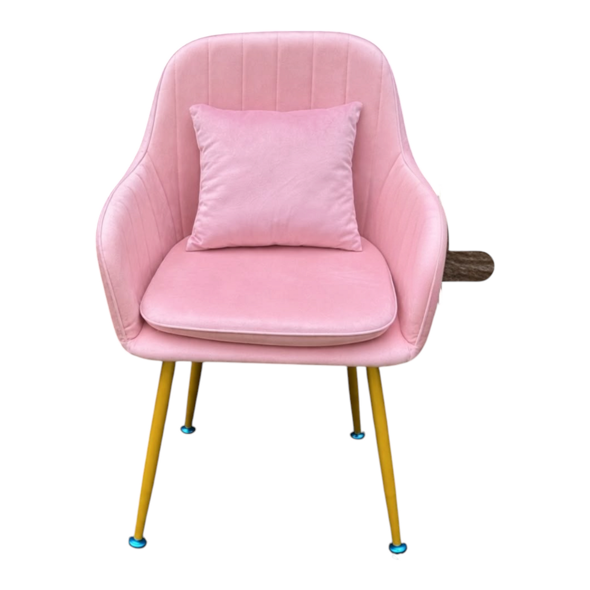 Silla moderna EASY STORE rosa con asiento acolchado, respaldo curvo, cojín decorativo y patas metálicas doradas