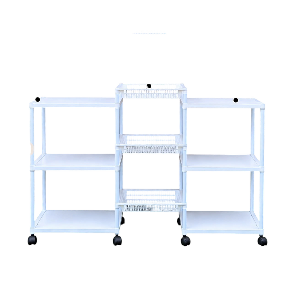 Organizador multifuncional 3 en 1 EASY STORE de color blanco con estantes y cestas de plástico y metal con ruedas.