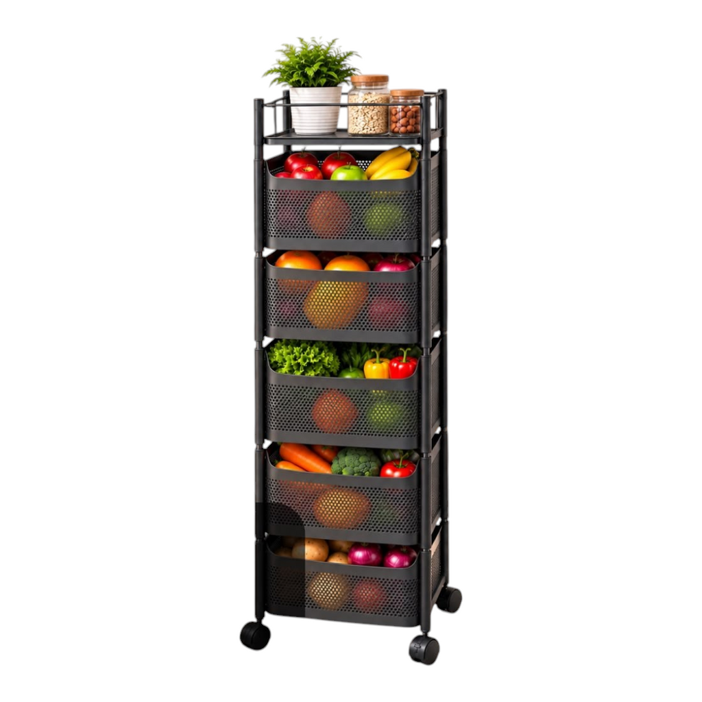 Organizador vertical EASY STORE de 5 niveles en acero carbonizado negro con ruedas para cocina