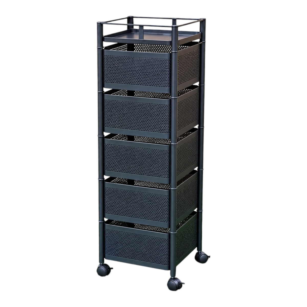 Organizador vertical EASY STORE de 5 niveles en acero carbonizado negro con diseño cuadrado y ruedas giratorias