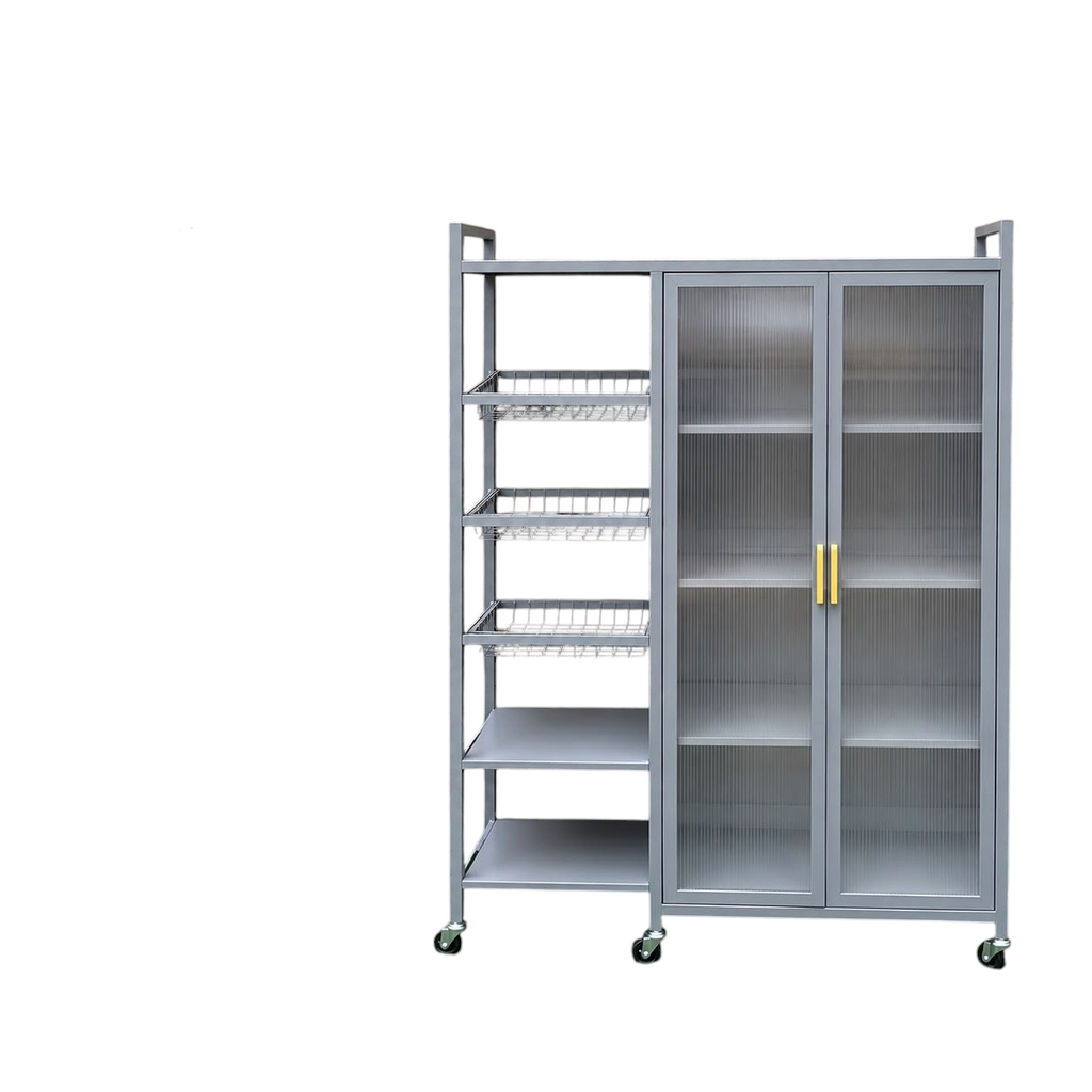 Organizador metálico EASY STORE gris con puertas acrílicas, tres canastas y estantes para cocina