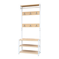Recibidor EASY STORE con estructura de metal blanco, estantes de madera, barra para colgar y ganchos organizadores.