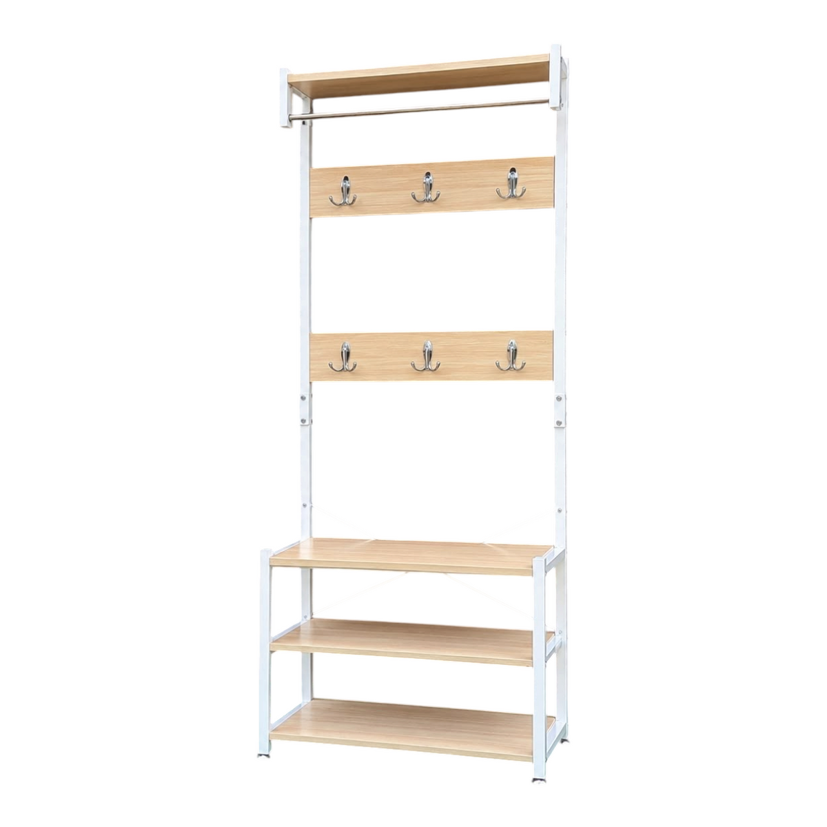 Recibidor EASY STORE con estructura de metal blanco, estantes de madera, barra para colgar y ganchos organizadores.