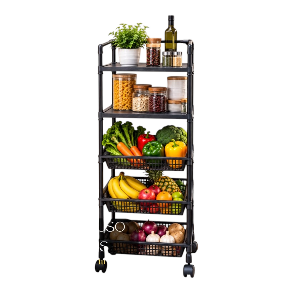 Organizador Easy Store negro de metal y PVC con 2 bandejas y 2 canastas con ruedas para cocina
