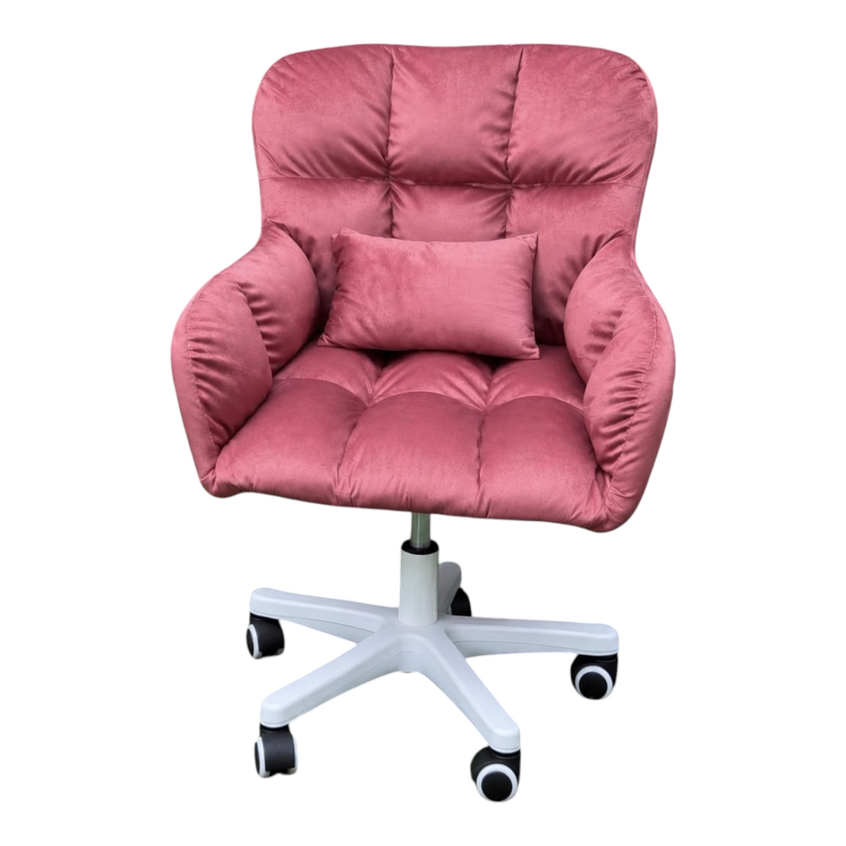 Silla giratoria acolchada EASY STORE en color rosado con cojín decorativo, base blanca y ruedas para oficina