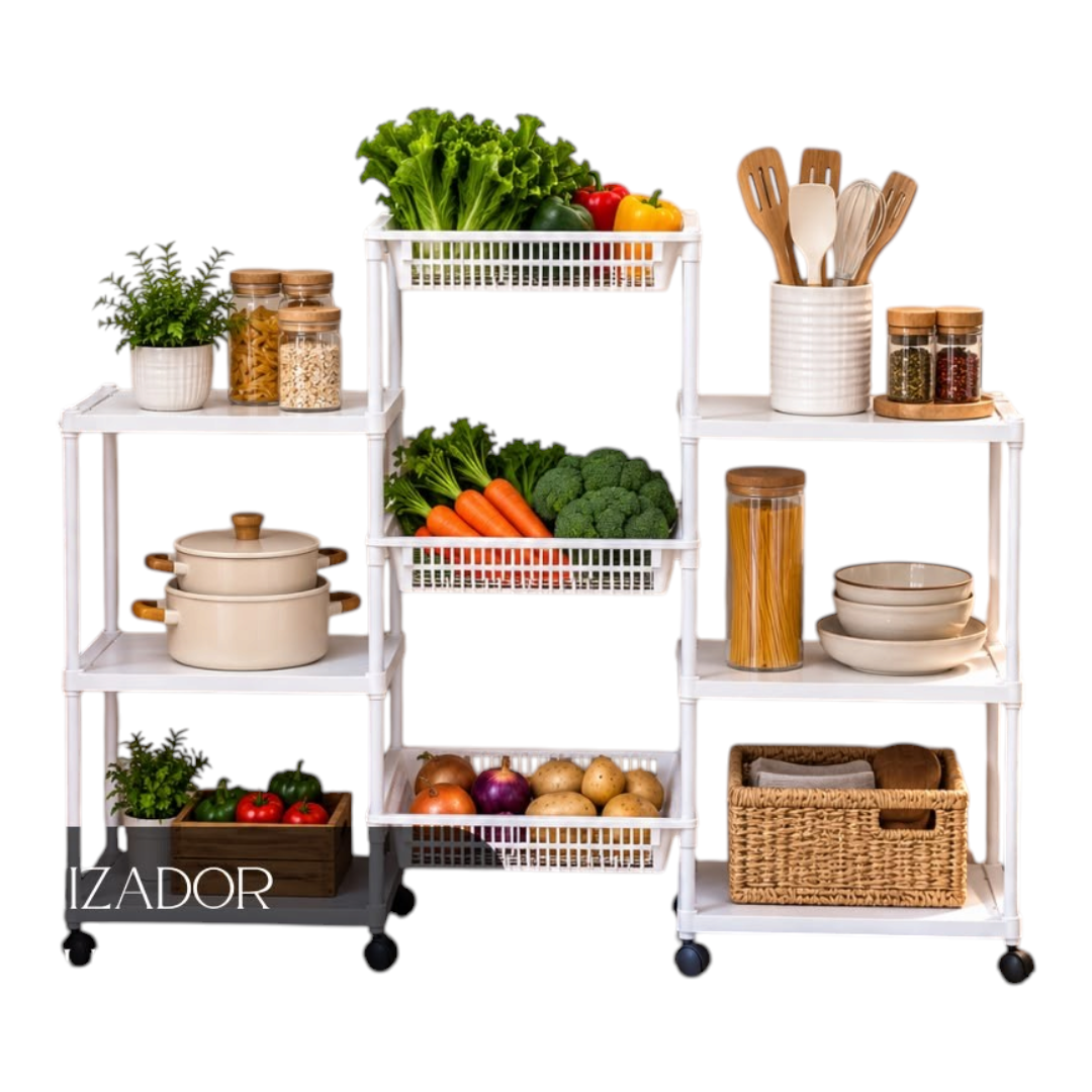 Organizador multifuncional 3 en 1 EASY STORE de metal y plástico blanco con ruedas, estantes y cestas para cocina